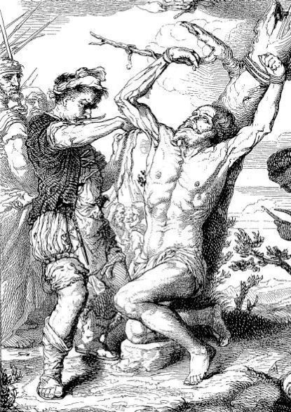 Сдирание кожи со святого Варфоломея. Гравюра с картины Риберы. XVI век. (Частная коллекция).